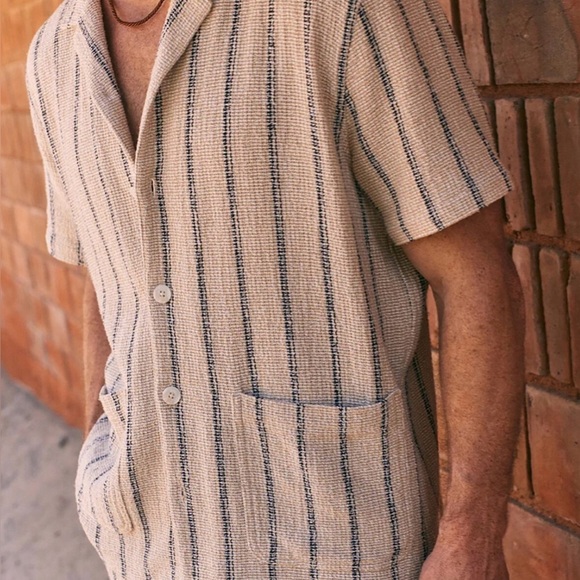 Marine Layer Striped Button-Front Shirt Men’s Large Beige Navy Cotton - Picture 14 of 14